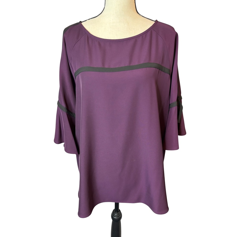 Calvin Klein Purple Bell Sleeve Blouse Black Trim Tie Detail